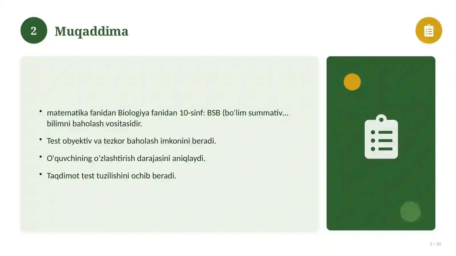 Biologiya fanidan 10-sinf: BSB (bo'lim summativ baholash) 2