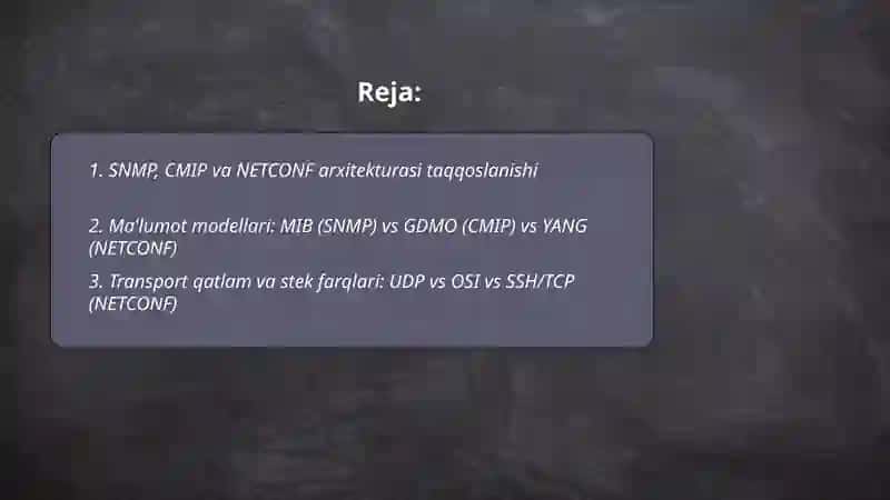 SNMP, CMIP va NETCONF arxitekturasi taqqoslanishi 2