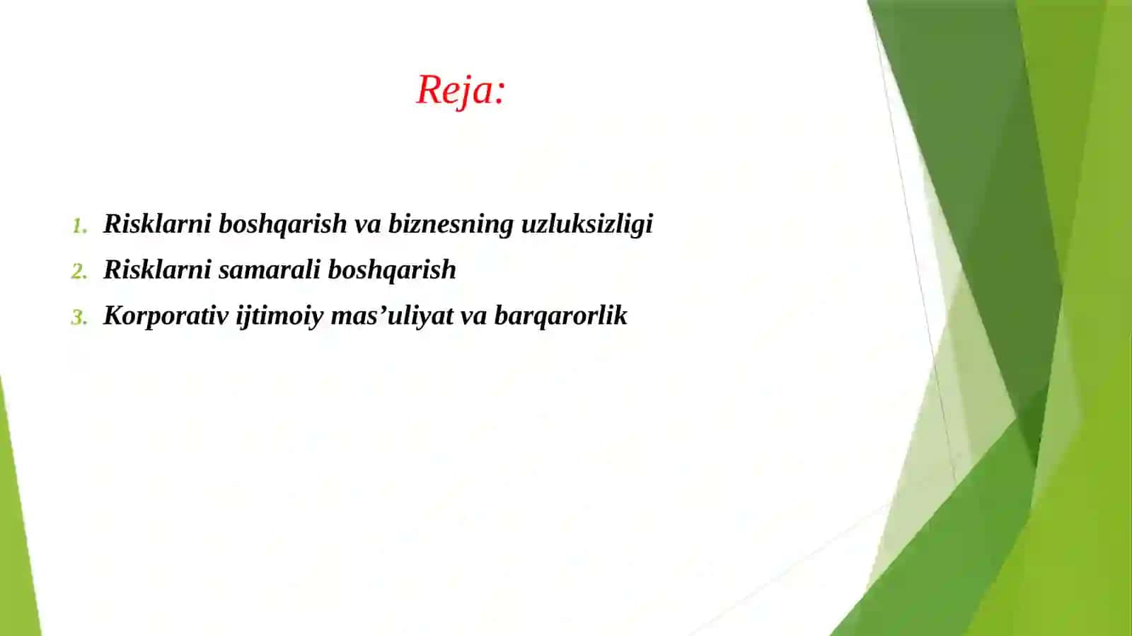 RISKLARNI BOSHQARISH VA BIZNESNING UZLUKSIZLIGI.KORPORATIV IJTIMOIY MAS'ULIYAT VA BARQARORLIK 2