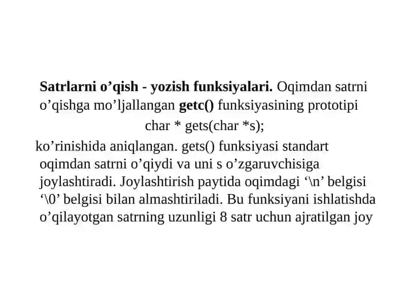 C++ tilida belgilarni o‘qish-yozish funksiyalari. Satrlarni o‘qish - yozish funksiyalari. 2
