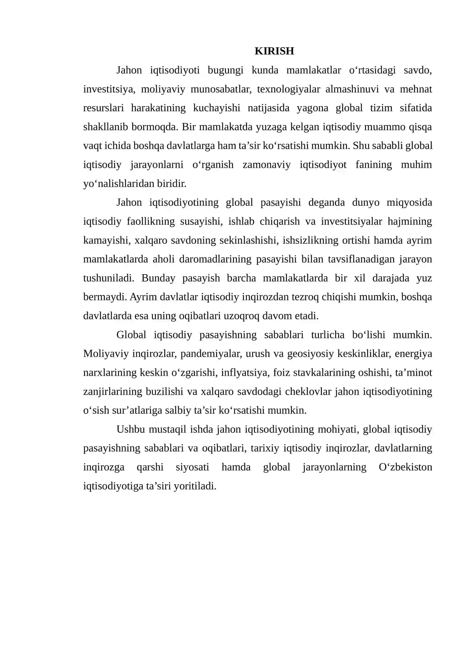 JAHON IQTISODIYOTINING GLOBAL PASAYISHI VA UNING OQIBATLARI 2