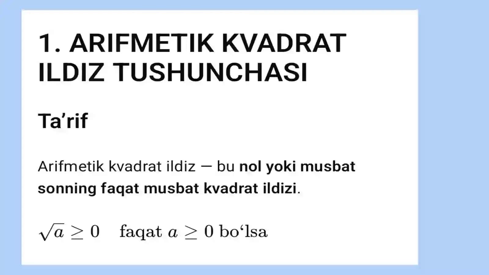 Arifmetik kvadrat ildiz tushunchalari.irratsional ifodalarni Ayniy almashtirish 2