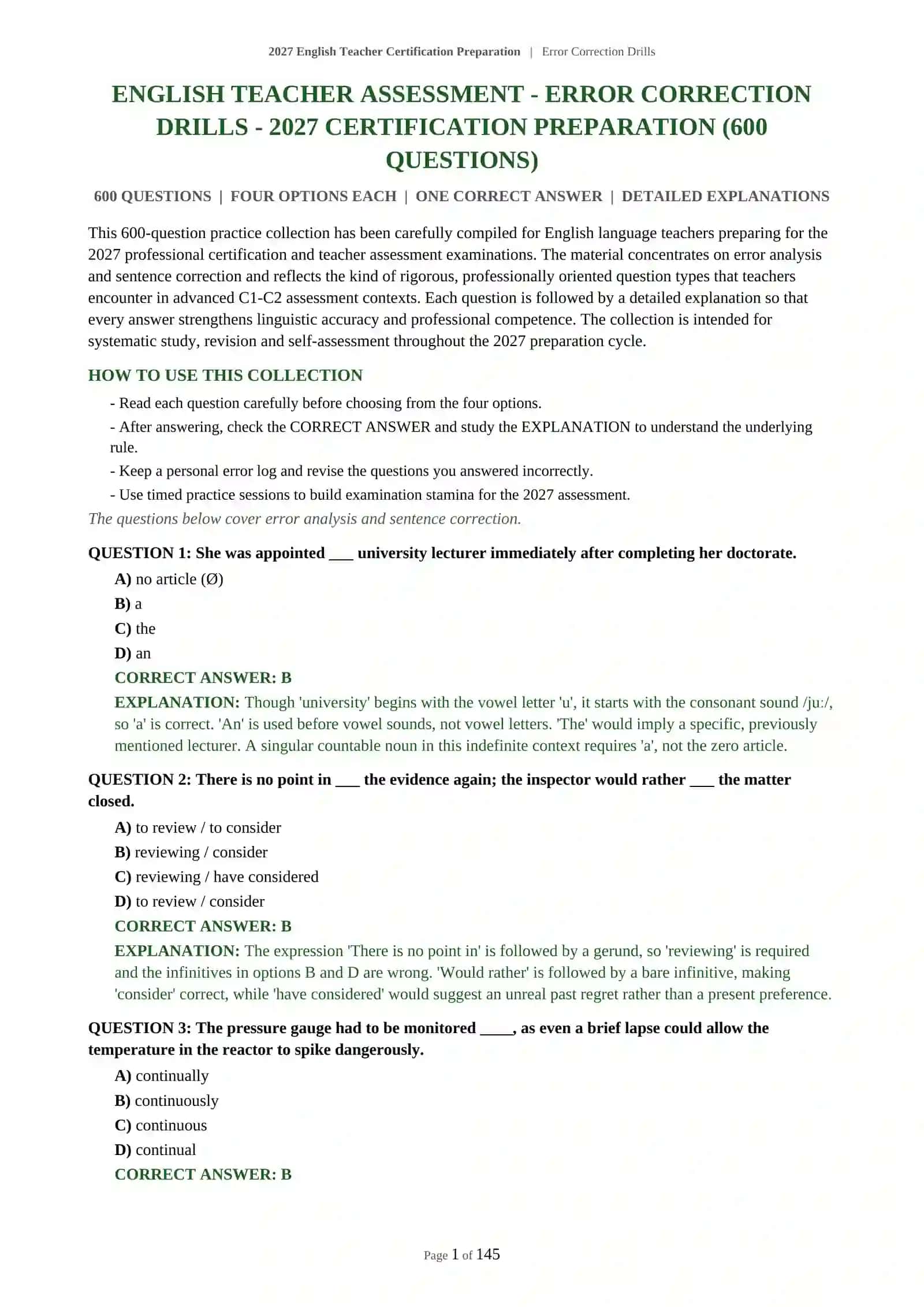 2027 English Teacher Certification Preparation | Error Correction Drills 2
