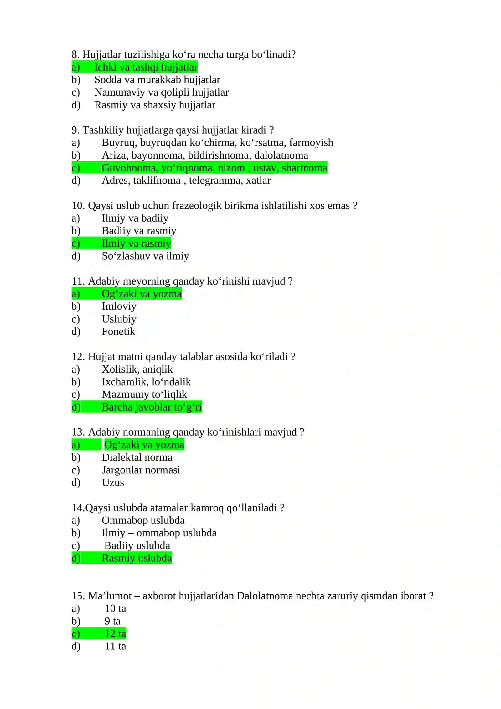 O‘ZBEK TILI FANIDAN TEST SAVOLLARI 2