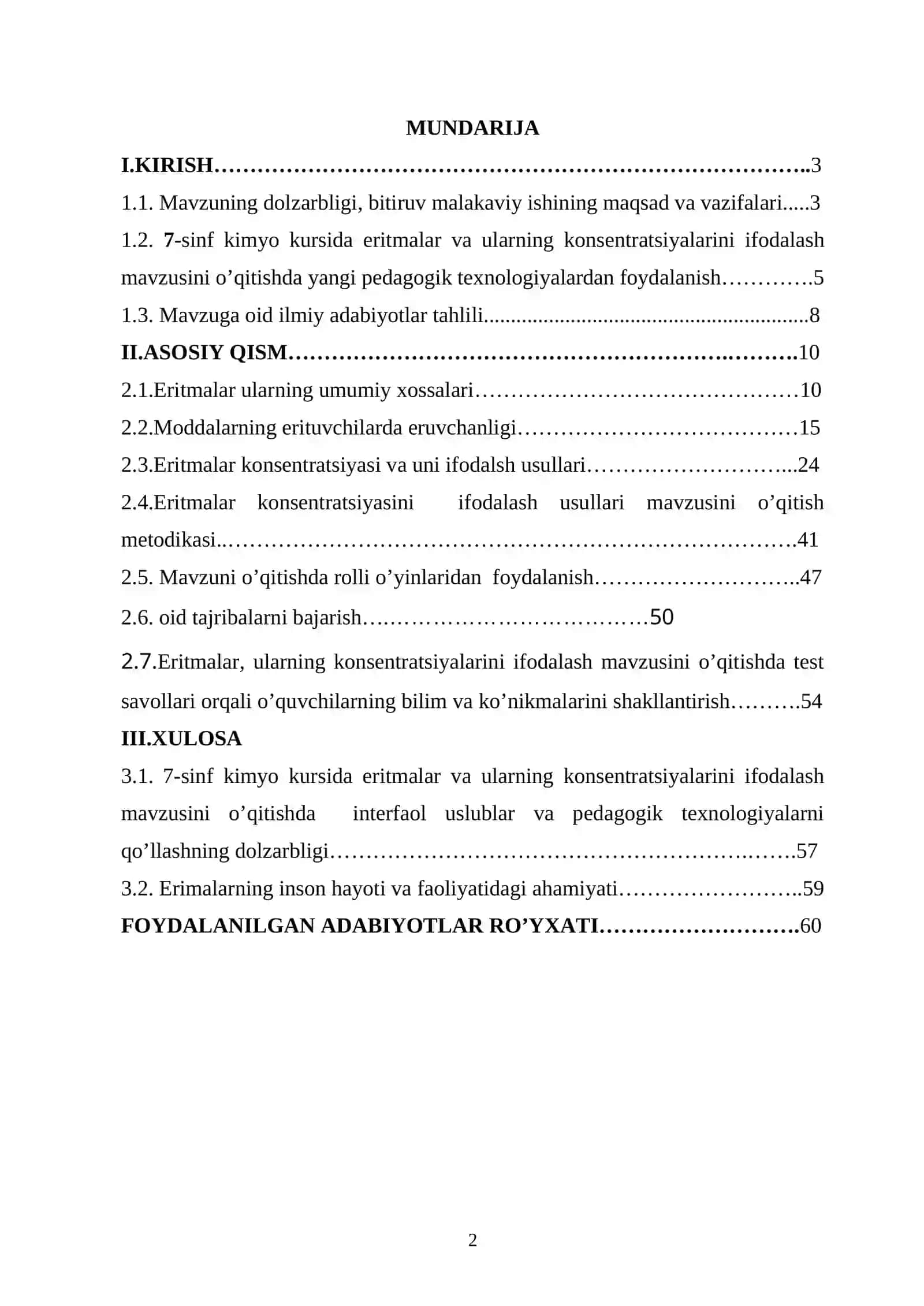 "Eritmalarning konsentratsiyalarini ifodalash usullari" malakaviy ishi 2