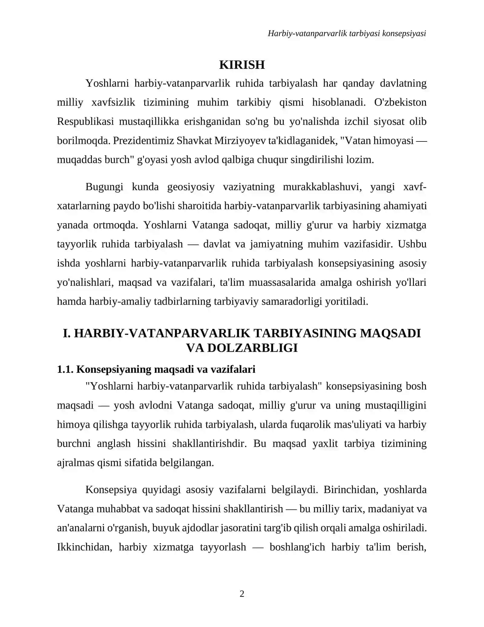 YOSHLARNI HARBIY-VATANPARVARLIK RUHIDA TARBIYALASH" KONSEPSIYASI 2