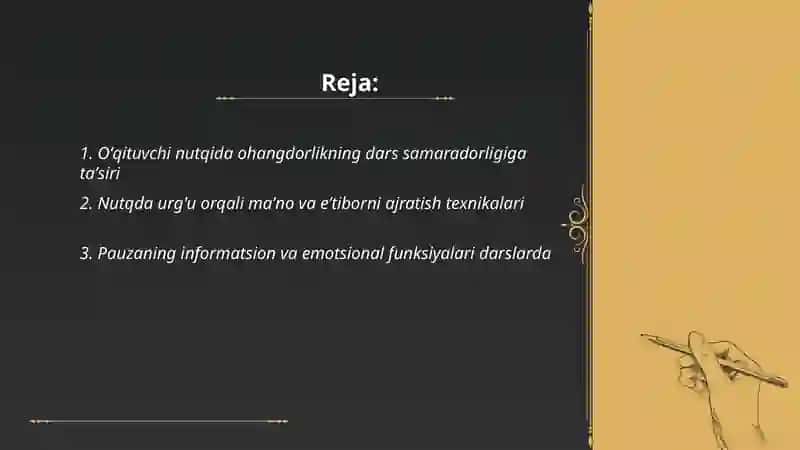 Oʻqituvchi nutqida ohangdaorlik, urg'u va pauzaning samarali qoʻllanishi Xolmirzayeva Mavluda 2