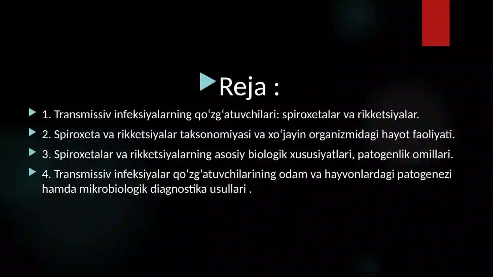 Transmissiv infeksiyalarning qo’zg’atuvchisi (spiroxetalar va rikketsiyalar). Taksonomiyasi, ekologiyasi, xo’jayin organizmlari va tashuvchilari, asosiy biologik xususiyatlari, patogenlik omillari. Odamlar va hayvonlar patologiyasidagi roli. Mikrobiologik diagnostika usullari 2