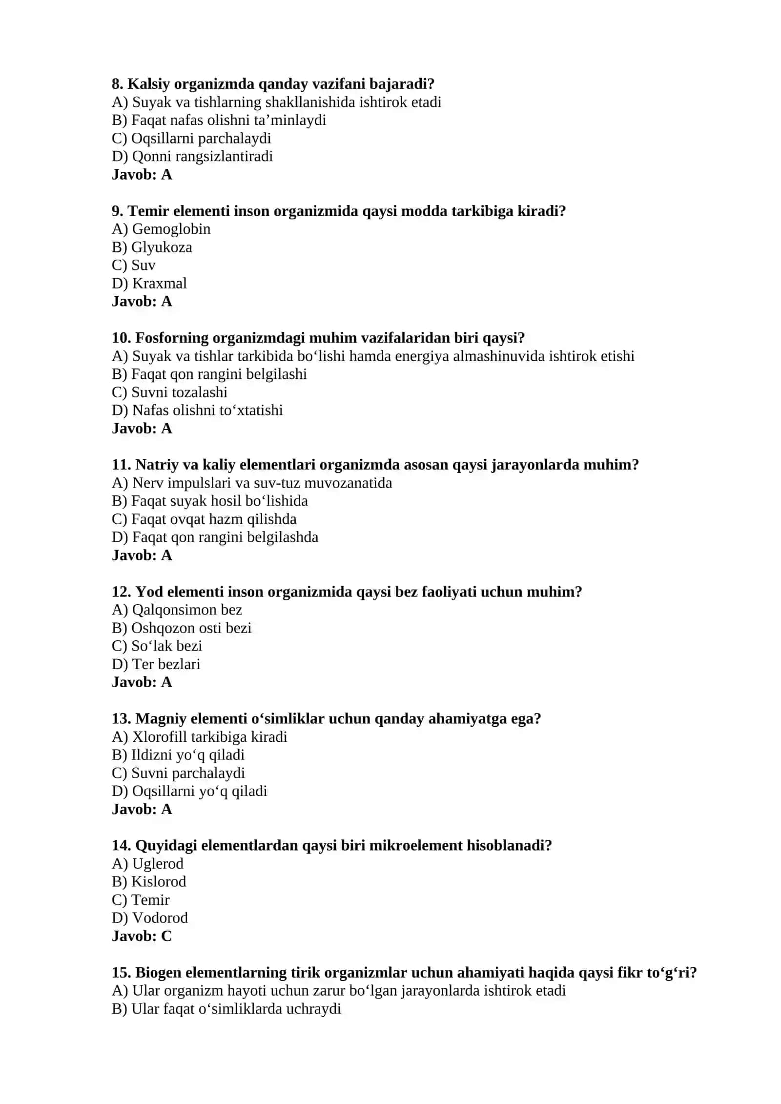 Tirik organizmlardagi kimyoviy elementlar va ularning ahamiyati — 15 ta test 2
