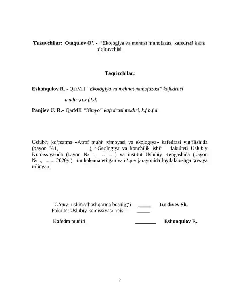 Uslubiy ko’rsatma «Atrof muhit ximoyasi va ekologiya» kafedrasi yig‘ilishida 2