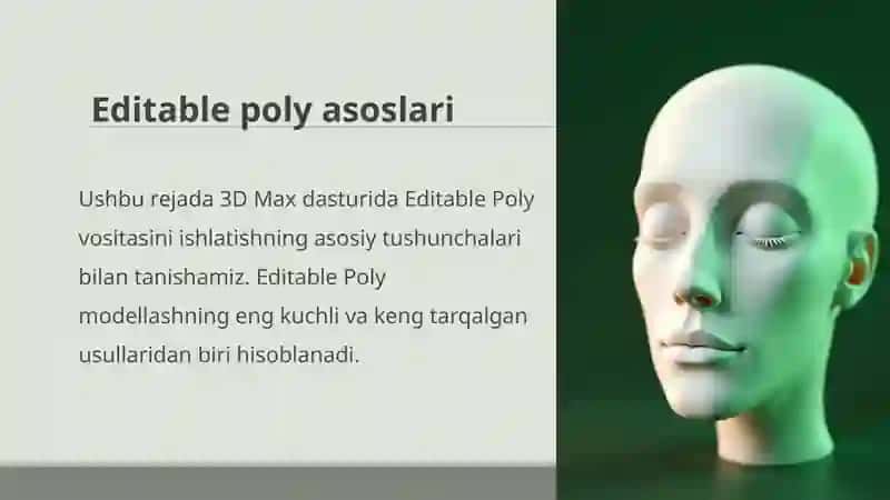 Polygonal modellashtirish Editable Poly bilan ishlash vertex edge polygon. Extrude Bevel Inset kabi asosiy tahrirlash vositalari. 2
