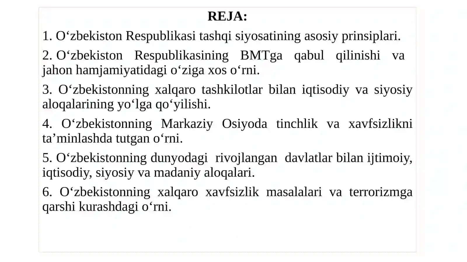 OʻZBEKISTONNING JAHON HAMJAMIYATIGA QO’SHILISHI 2