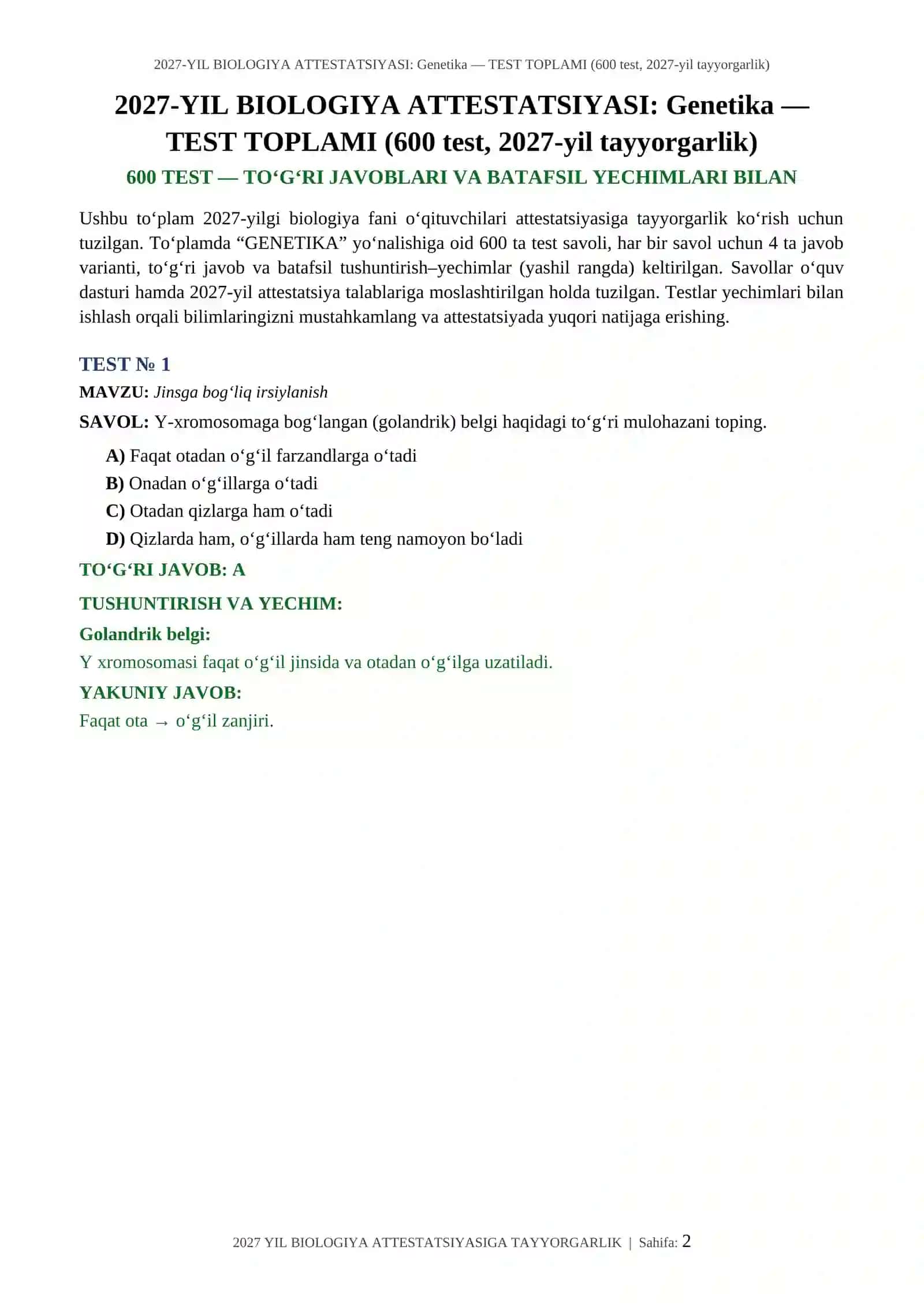 2027-YIL BIOLOGIYA ATTESTATSIYASI: Genetika — TEST TOPLAMI 2