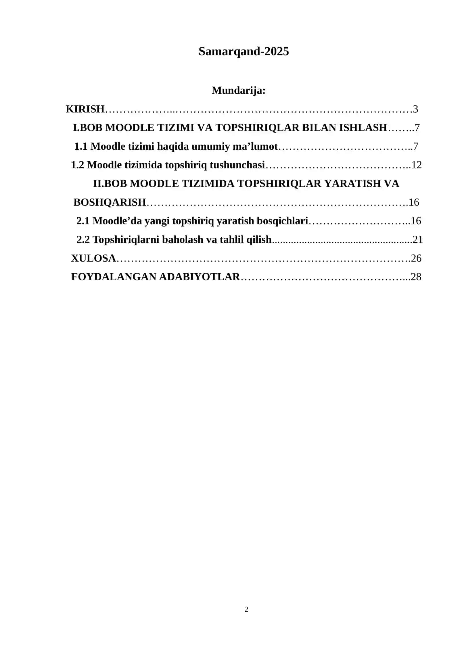 "MOODLE TIZIMIDA TOPSHIRIQLARNI HOSIL QILISH" 2