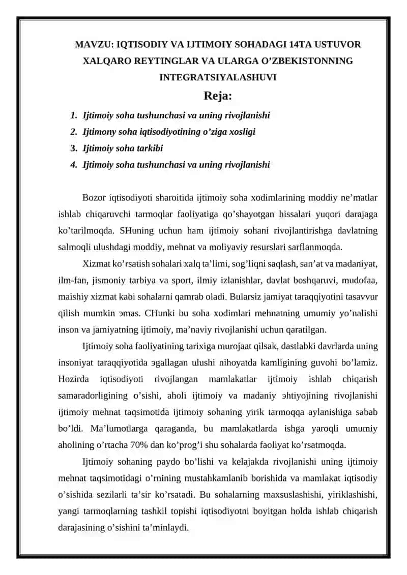 IQTISODIY VA IJTIMOIY SOHADAGI 14TA USTUVOR XALQARO REYTINGLAR VA ULARGA O’ZBEKISTONNING INTEGRATSIYALASHUVI 2