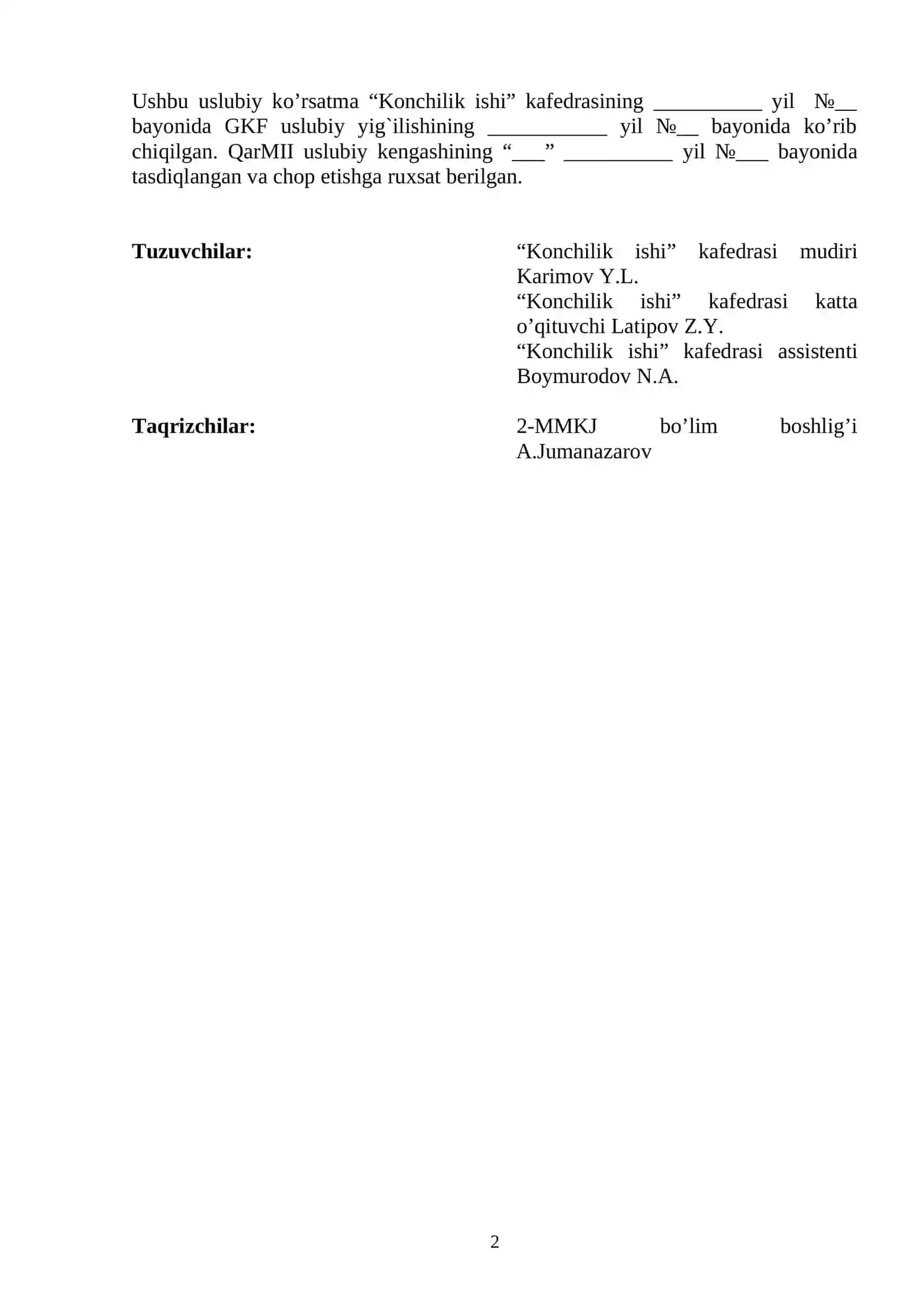 Konchilik ishi asoslari kurs ishi 2