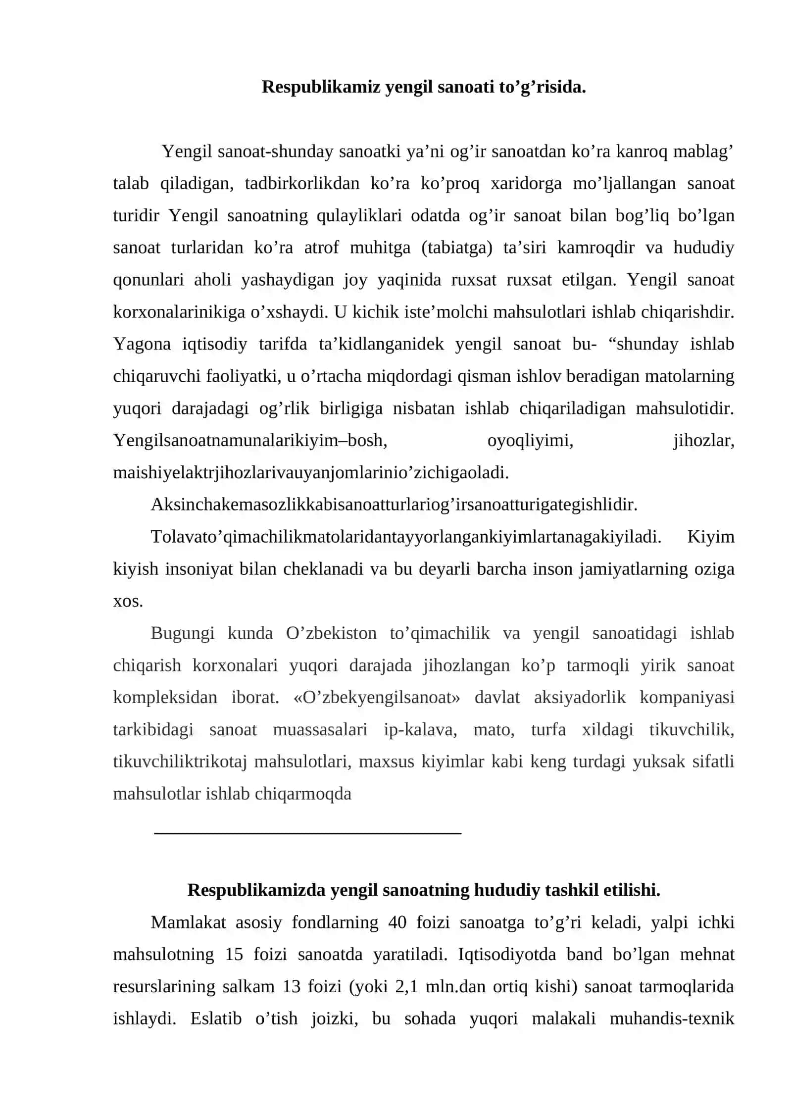 Yengil sanoat tarmoqlarining rivojlanish istiqbollari 2
