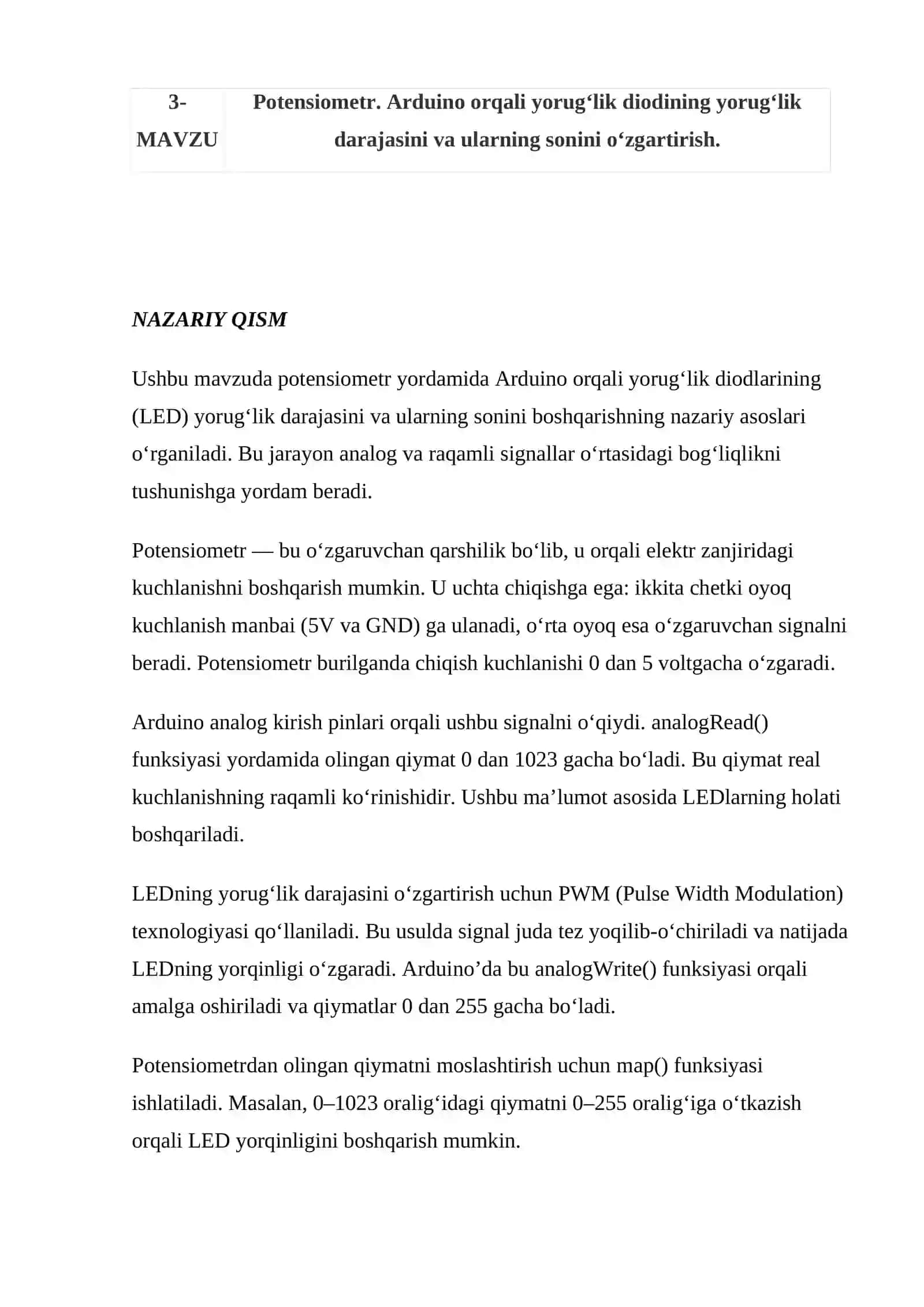 Potensiometr. Arduino orqali yorug‘lik diodining yorug‘lik darajasini va ularning sonini o‘zgartirish 2