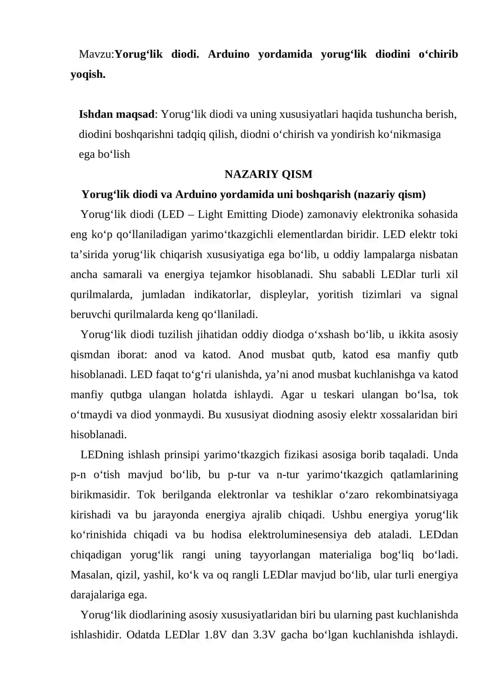 Yorug‘lik diodi. Arduino yordamida yorug‘lik diodini o‘chirib yoqish 2