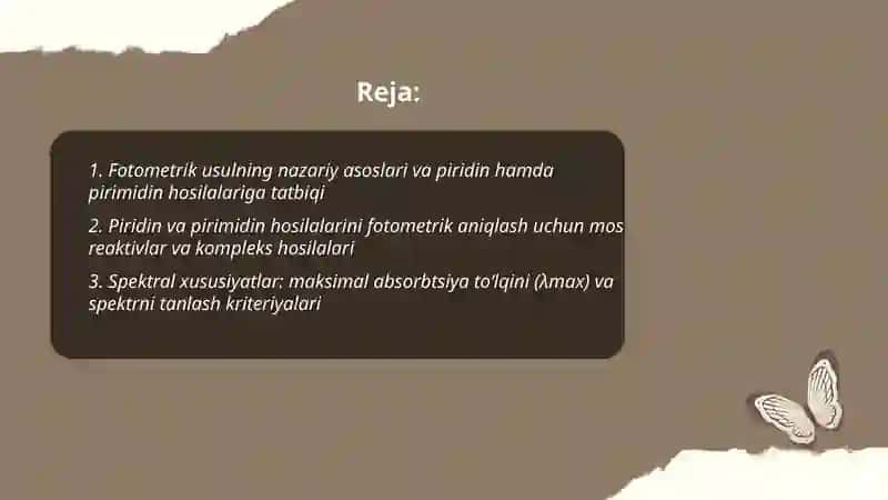 Fotometrik usulda piridin va pirimidin xosilalarini saqlovchi dori moddalarini sifat va miqdorini aniqlash 2