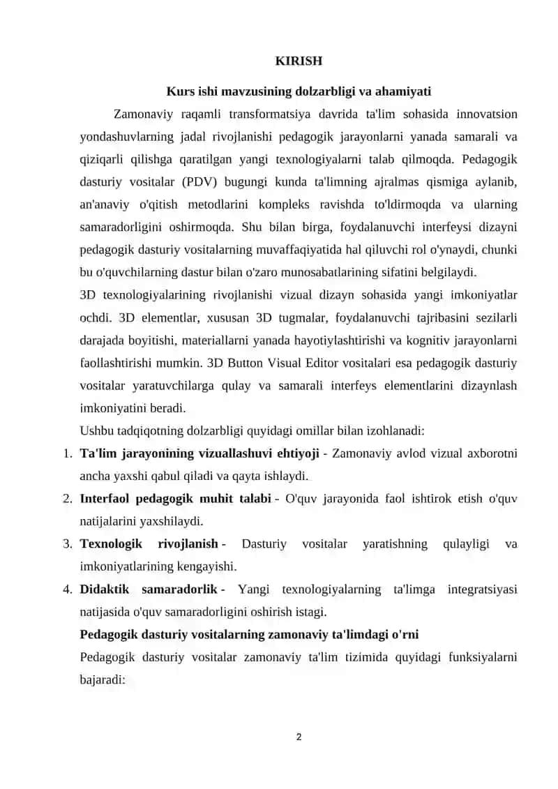 Pedagogik dasturiy vositalar yaratishda 3D Button Visual Editor imkoniyatlaridan foydalanish. 2