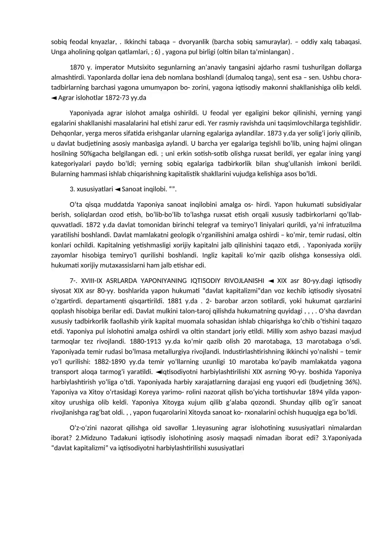 XVIII-XIX asrlarda Yaponiyaning iqtisodiy rivojlanishi 2