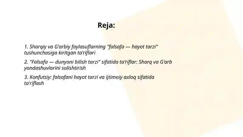 Sharq va G'arb faylasuflari bergan ta'riflar asosida "Falsafa hayot tarzi va dunyoni bilish tarzi" Abdumajitova Sadoqatoy 2