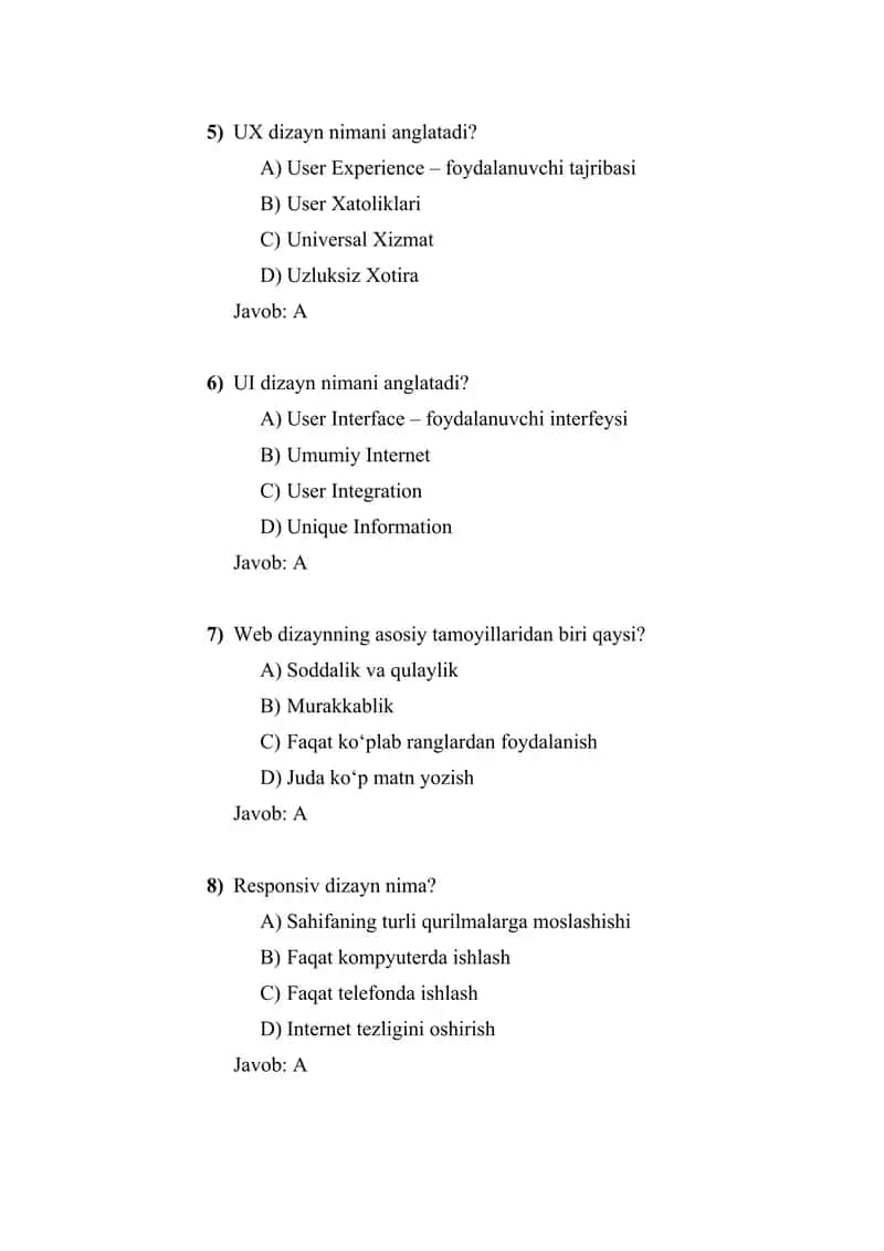 Web dizayn boʻyicha 50-ta test savollari to‘plami  javoblari bilan 2