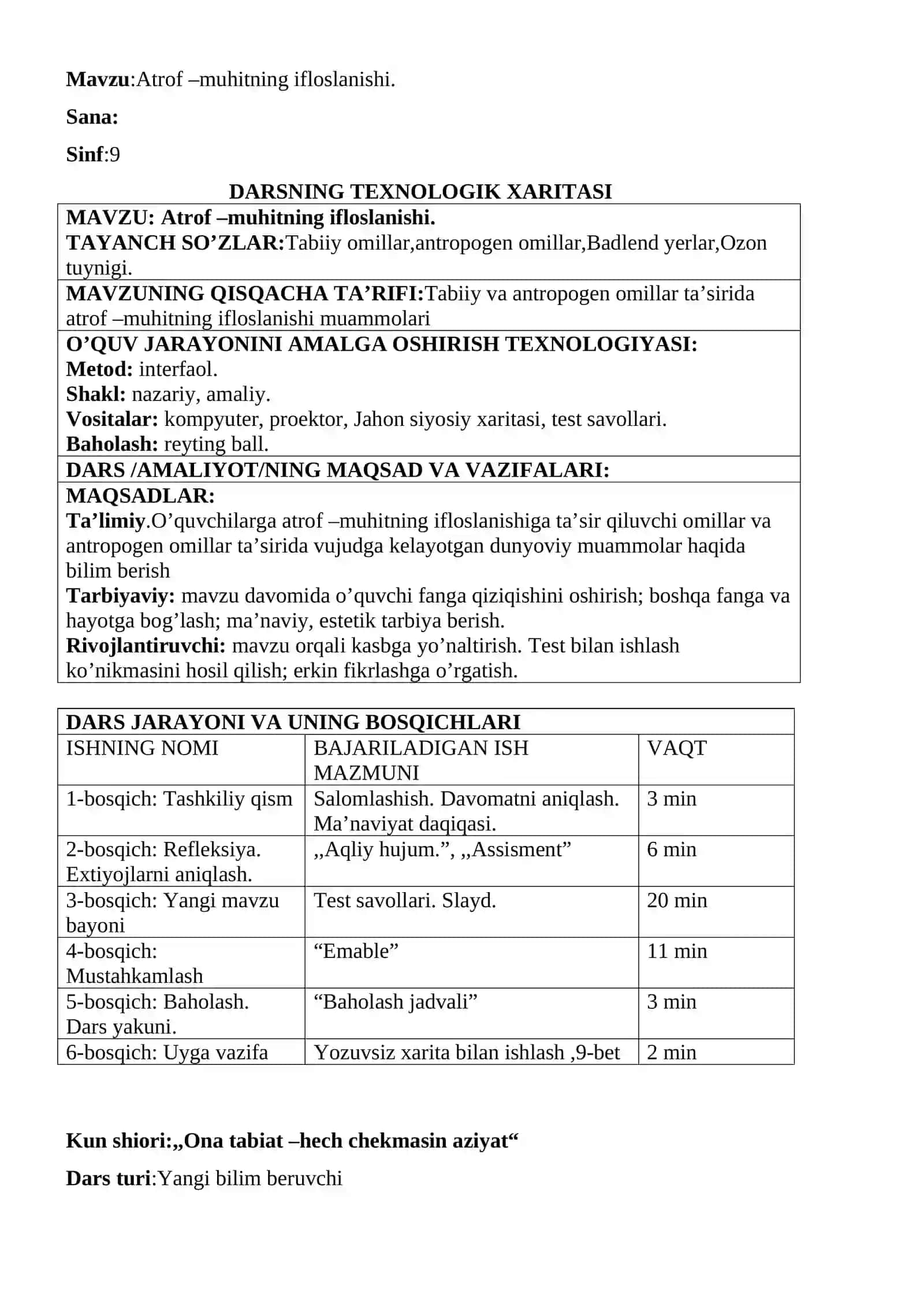 9-sinf Geografiya fani Atrof - muhitning ifloslanishi mavzuda dars ishlanma 2