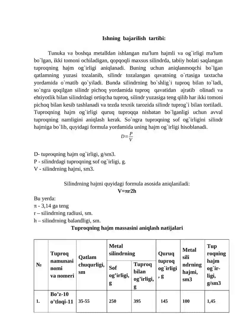 Tuproqning hajm og’irligini aniqlash 2