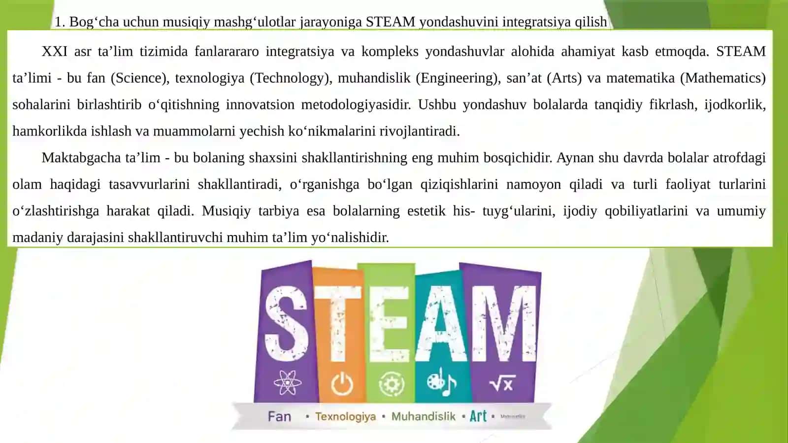 STEAM yondashuviga asoslangan musiqiy mashg‘ulot loyihasi 2