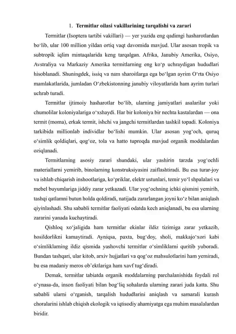 Termitlar oilasi vakillarining tarqalishi zarari. Termitlarning biozararlashdagi roli va ularga qarshi kurashish 2