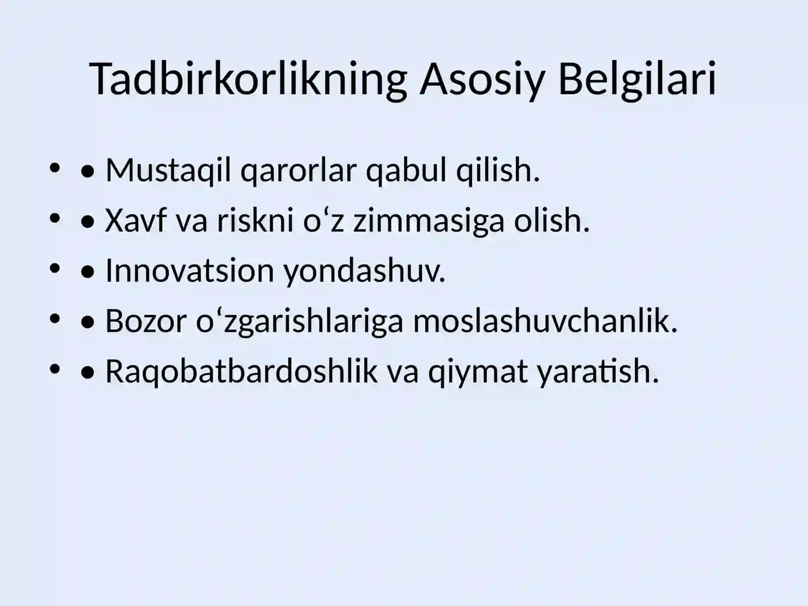 Tadbirkorlikning Asosiy Belgilari 2