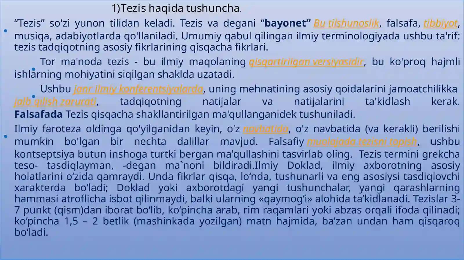 T E Z I S. Tezis turlari 2