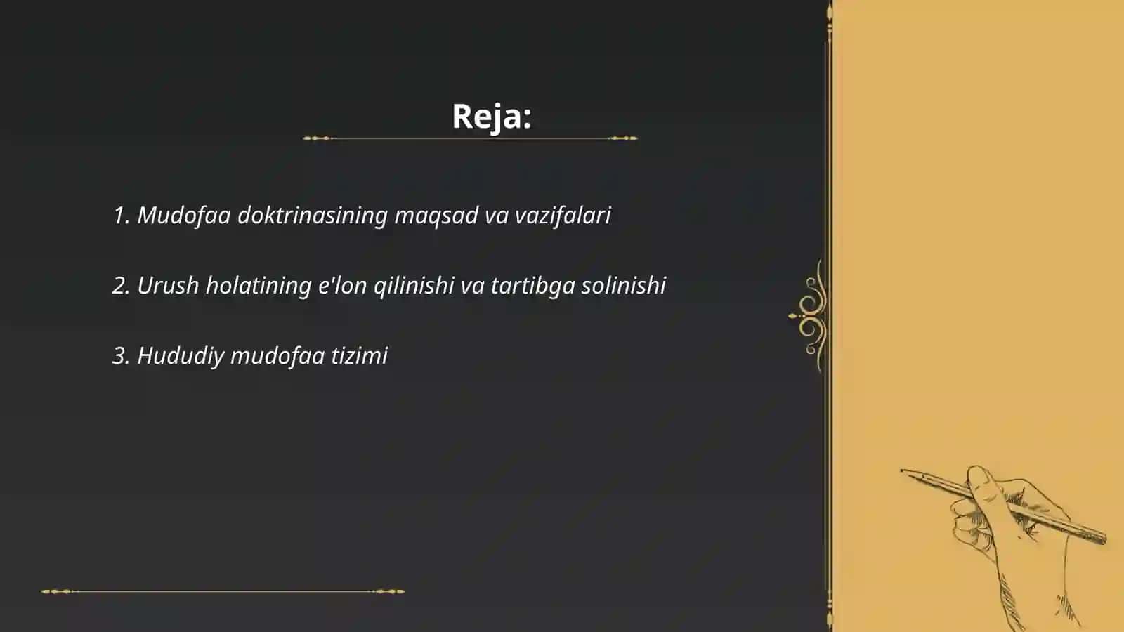 Urush holati va hududiy mudofaa xalqaro hamkorlik O'zbekiston Respublikasi mudofaa doktorinasi mudofaa doktorinasining umumiy qoidalari va harbiy siyosiy jihatlari 2