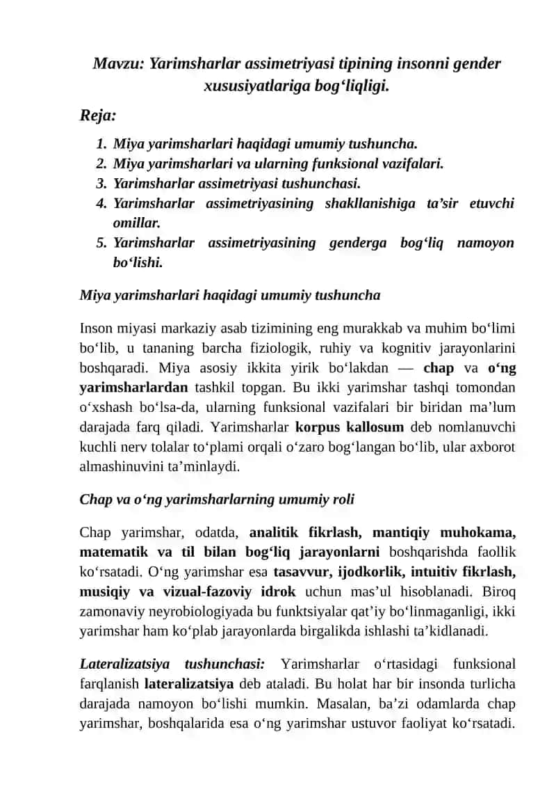 Maktabgacha ta’lim xususiy metodikasi fanidan “Yarimsharlar assimetriyasi tipining insonni gender xususiyatlariga bog‘liqligi” Referati 2