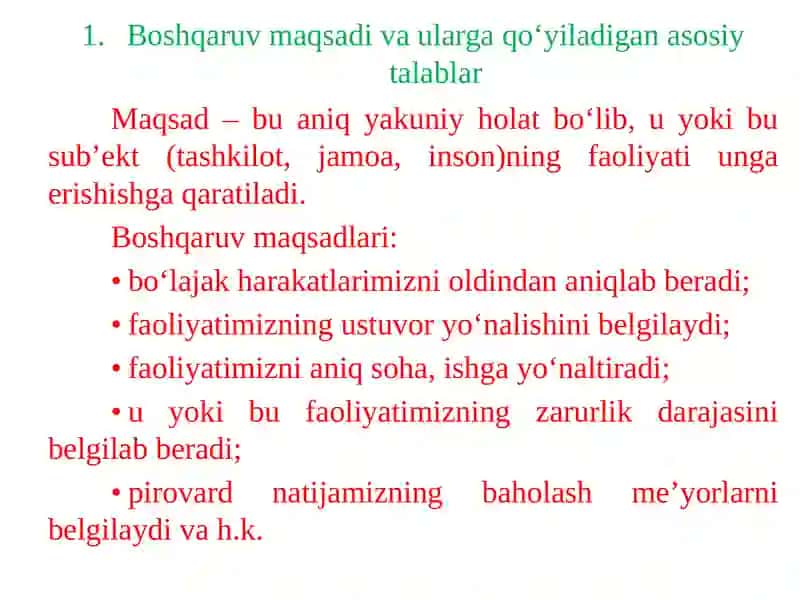 BOSHQARUV MAQSADI VA FUNKSIYALARI 2