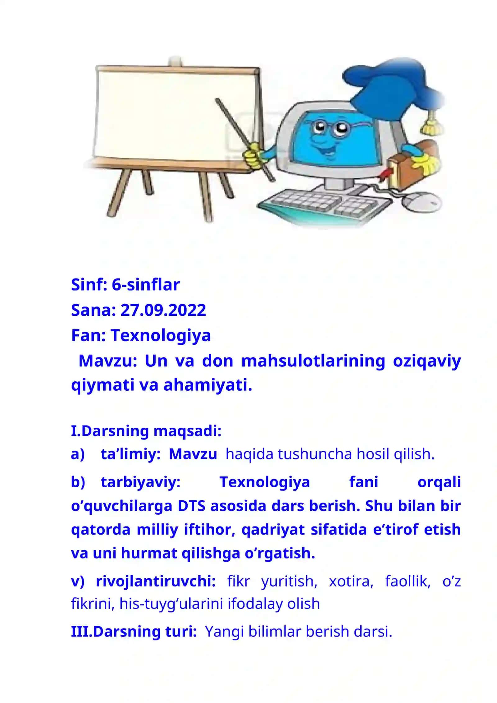 6-sinf Texnologiya fanidan Un vа dоn mаhsulоtlаrining оziqаviy qiymаti vа аhаmiyati dars ishlanma 2