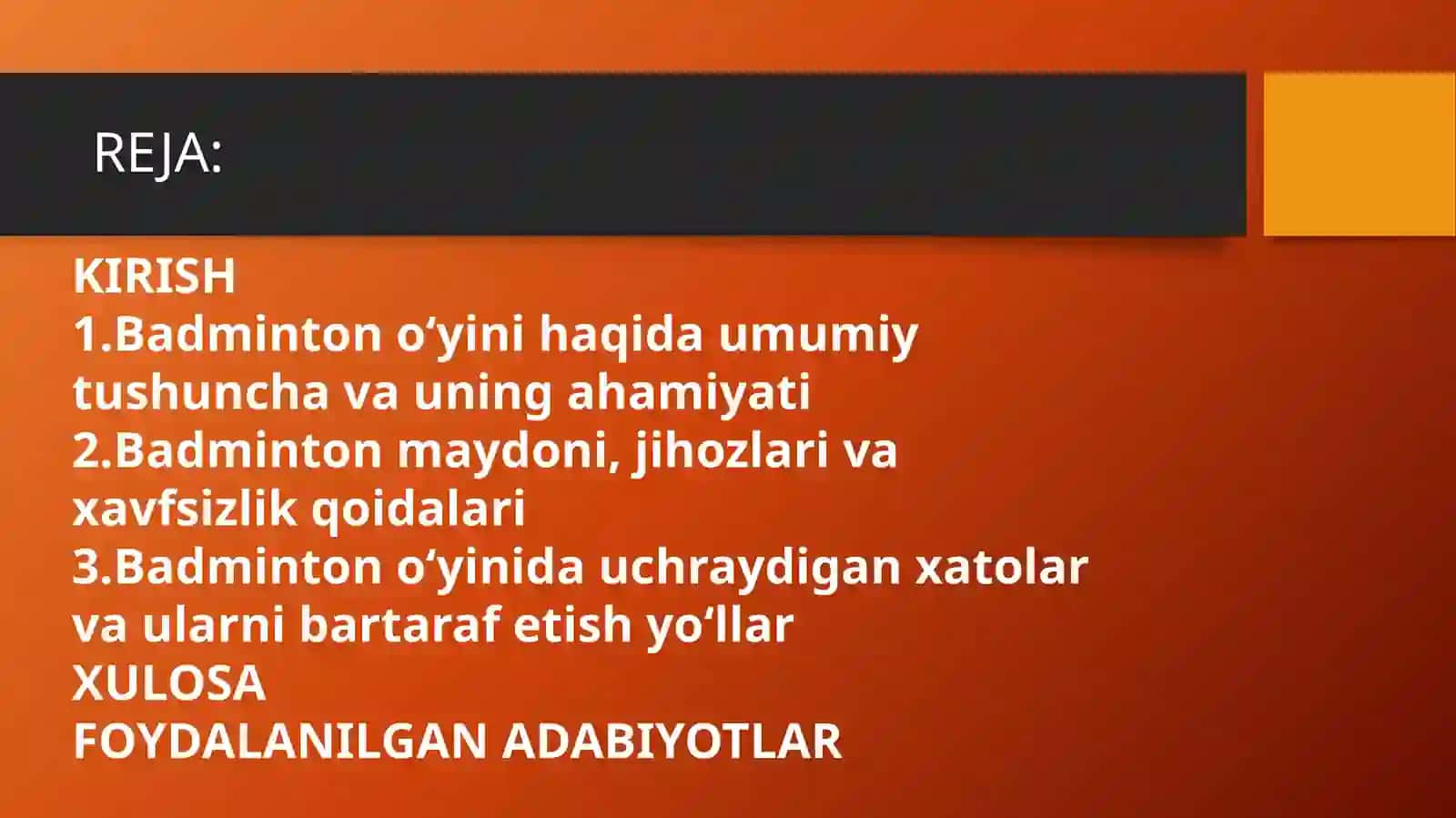Badminton oʻyinida uchraydigan holat va harakatlarga oʻrgatish 2