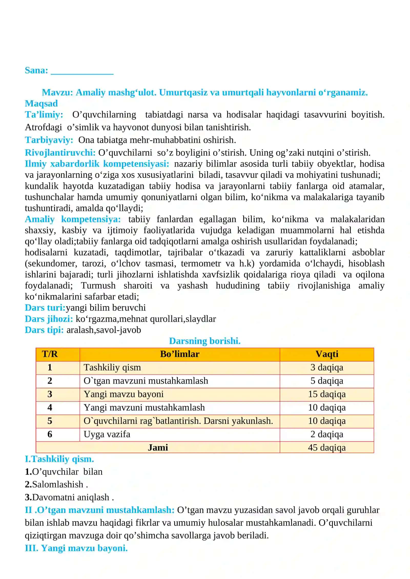 2-sinf Tabiiy fan (Science) Umurtqasiz va umurtqali hayvonlarni o'rganamiz dars ishlanma 2