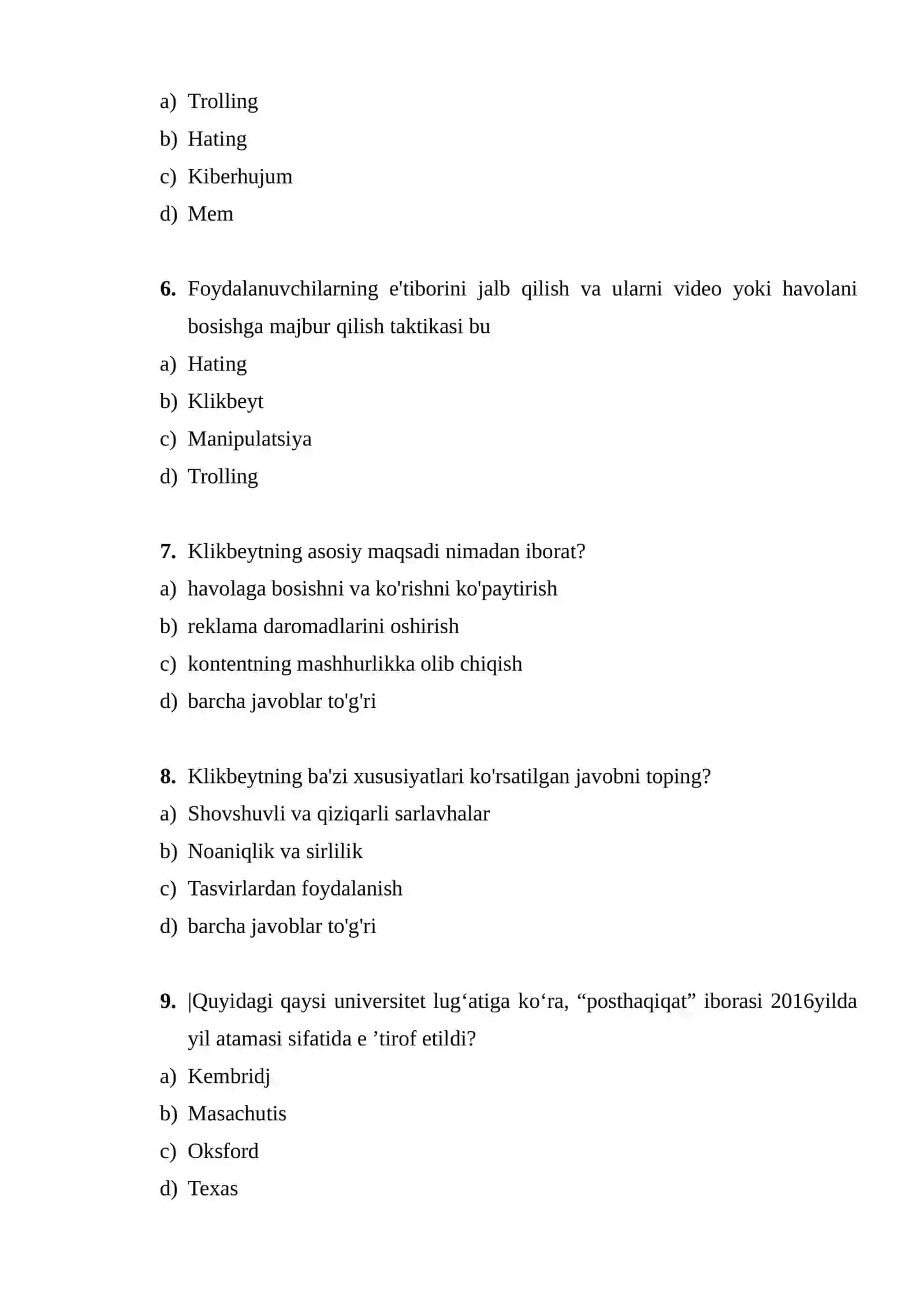Mediyasavodxonlik test. Yakuniy Nazorat 2