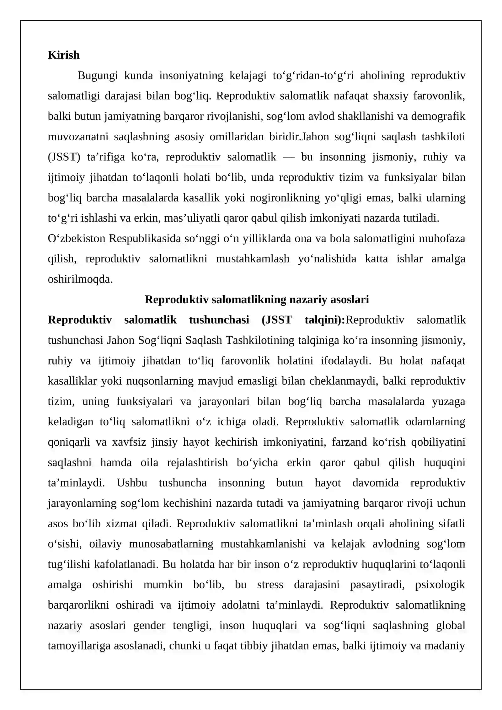 Aholi o‘rtasida reproduktiv salomatlik muhitini targ‘ib qilish. 2