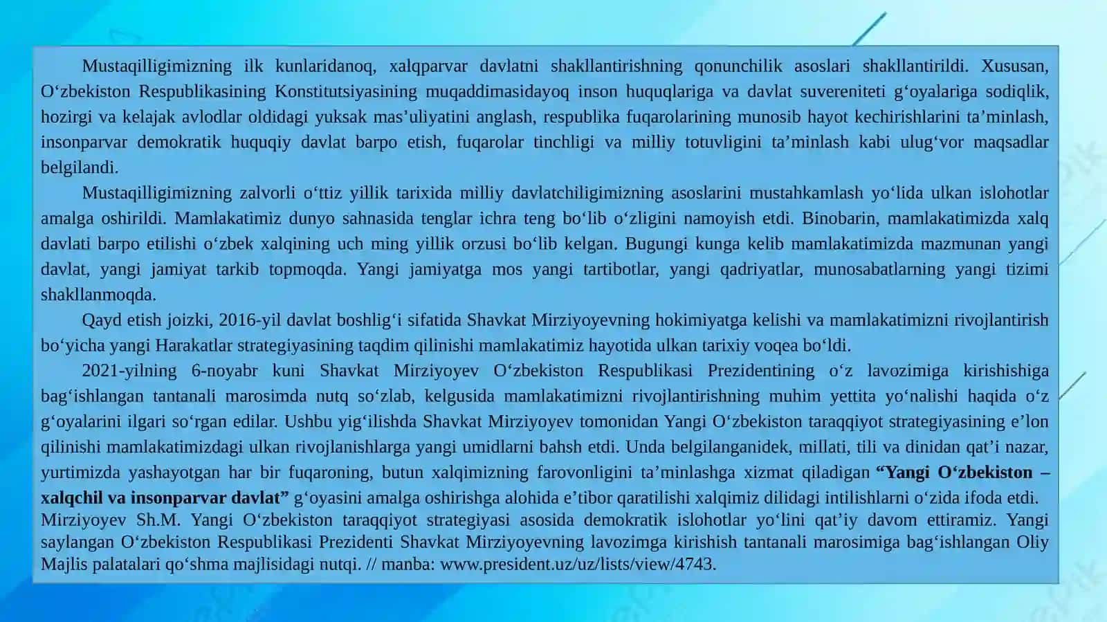 YANGI OʻZBEKISTONNING TARAQQIYOTSTRATEGIYASI – FAROVON KELAJAGIMIZKAFOLATI 2