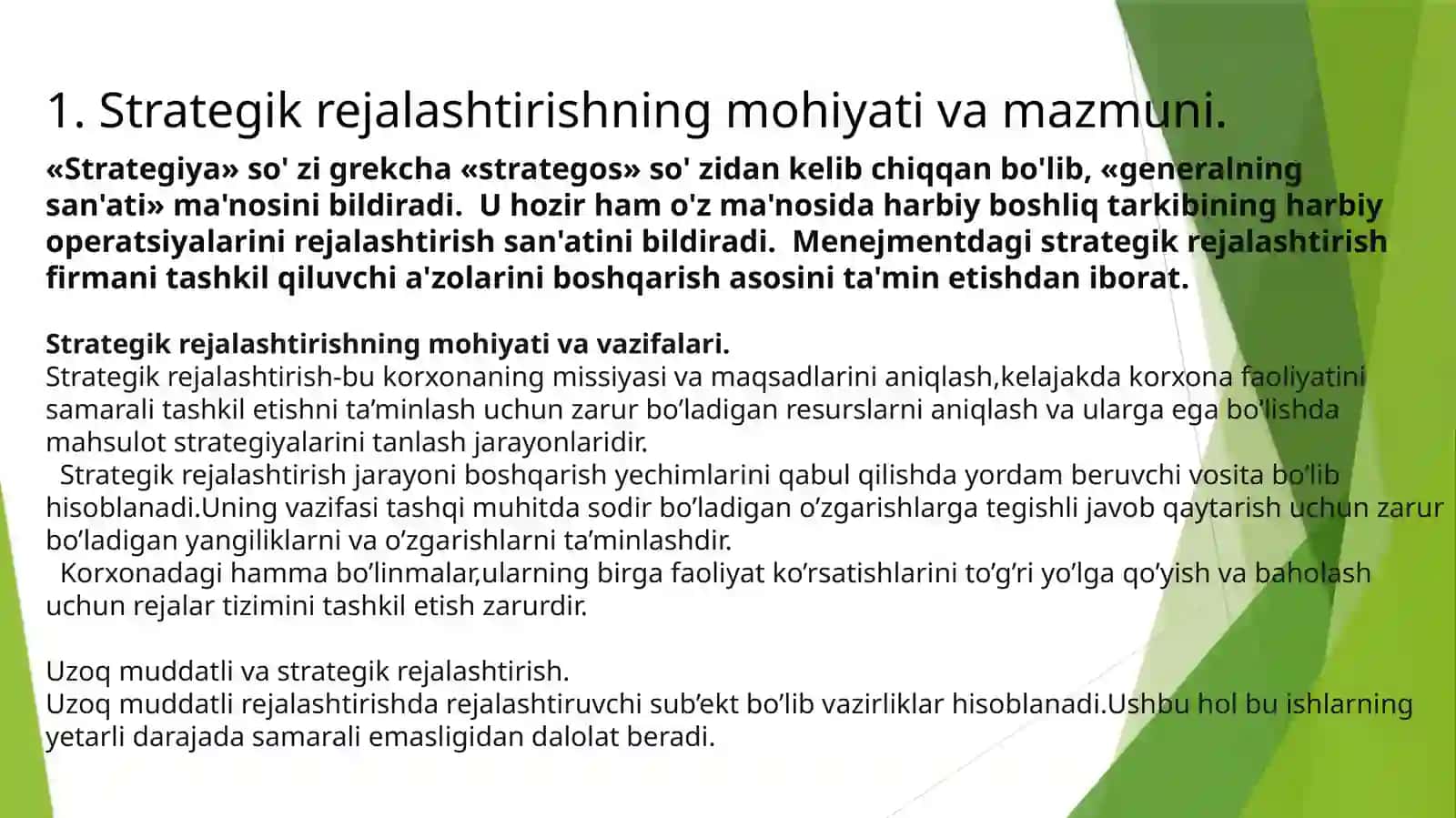 Strategik rejalashtirishning umumiy tasnifi va uning boshqaruvdagi ahamiyati 2