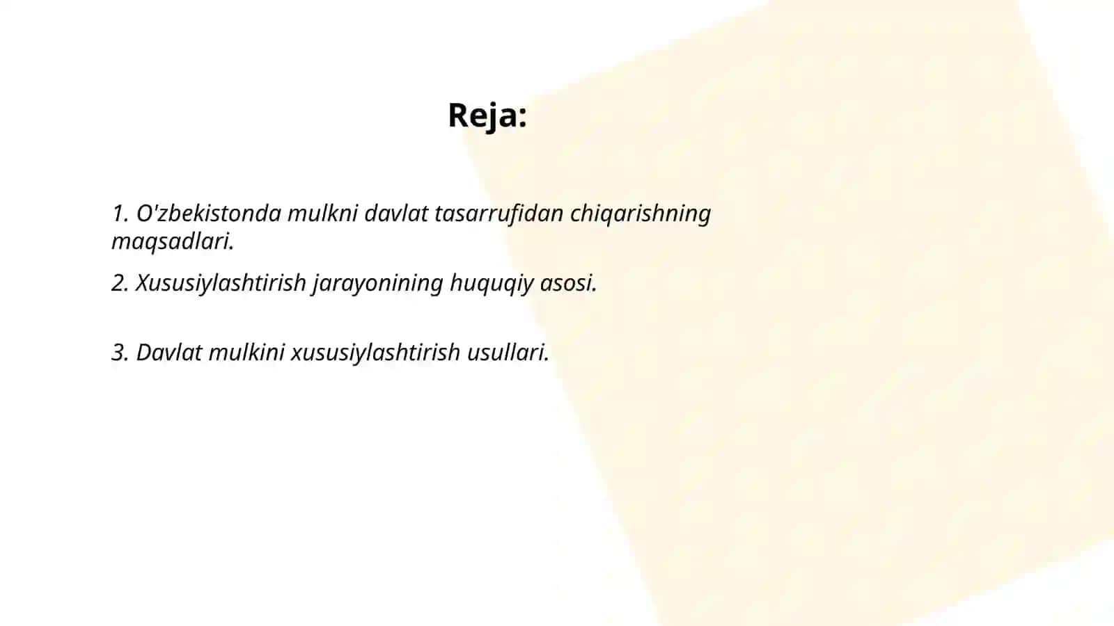 O'zbekistonda mulkni davlat tasarrufidan chiqarish va xususiylashtirish maqsadi, usuli va yo'llari 2