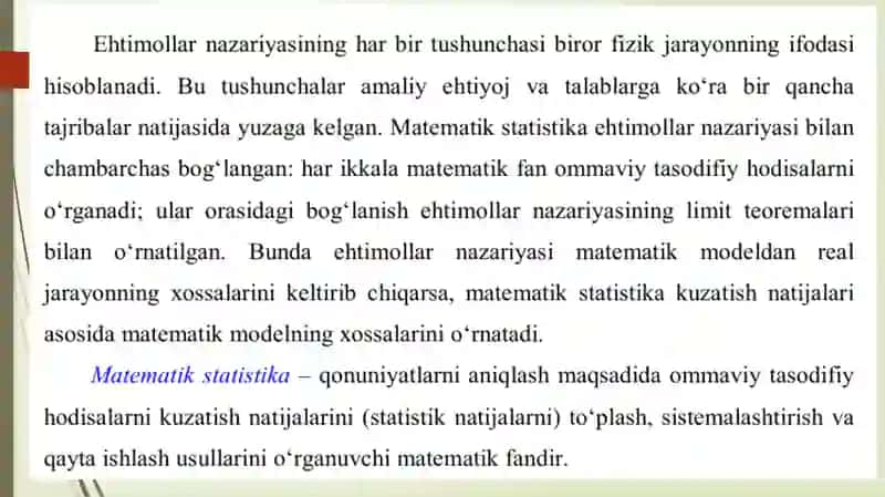 MATEMATIKASTATISTIKA ELEMENTLARI:BOSH VA TANLANMA TO’PLAM.GISTOGRAMMA VA POLIGON.EMPRIK TAQSIMOT FUNKSIYA VA TANLANMA MOMENTLAR 2