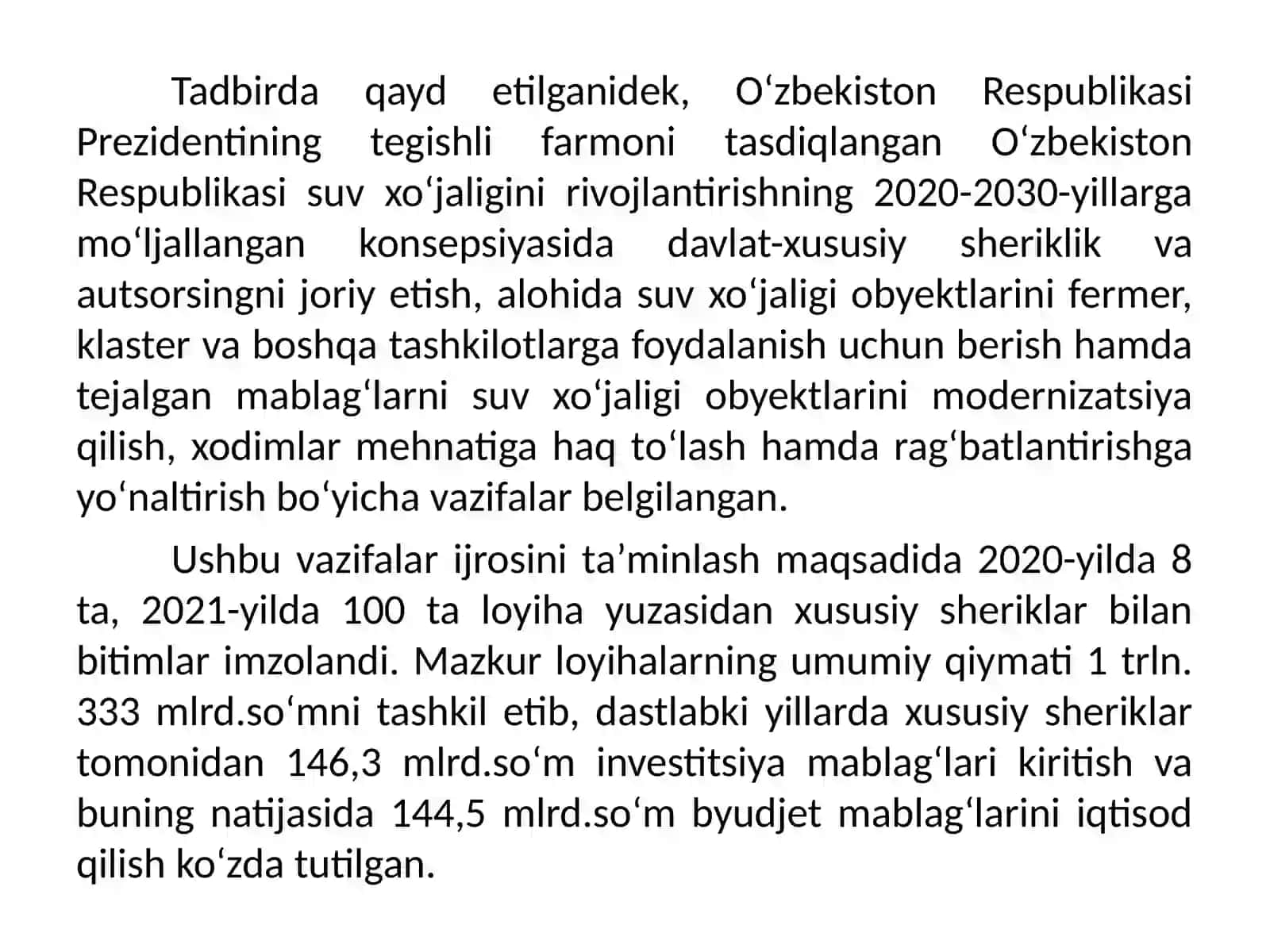 Suv xo‘jaligi sohasida davlat-xususiy sheriklikni rivojlantirish 2