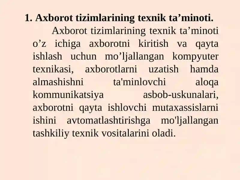 Axborot tizimlarida texnik vositalarni qo‘yilishi va kompyuterlar klassifikatsiyasi Elektron hisoblash mashinalarining rivojlantirish yo‘nalishlari Modemlar va multimediya vositalari 2