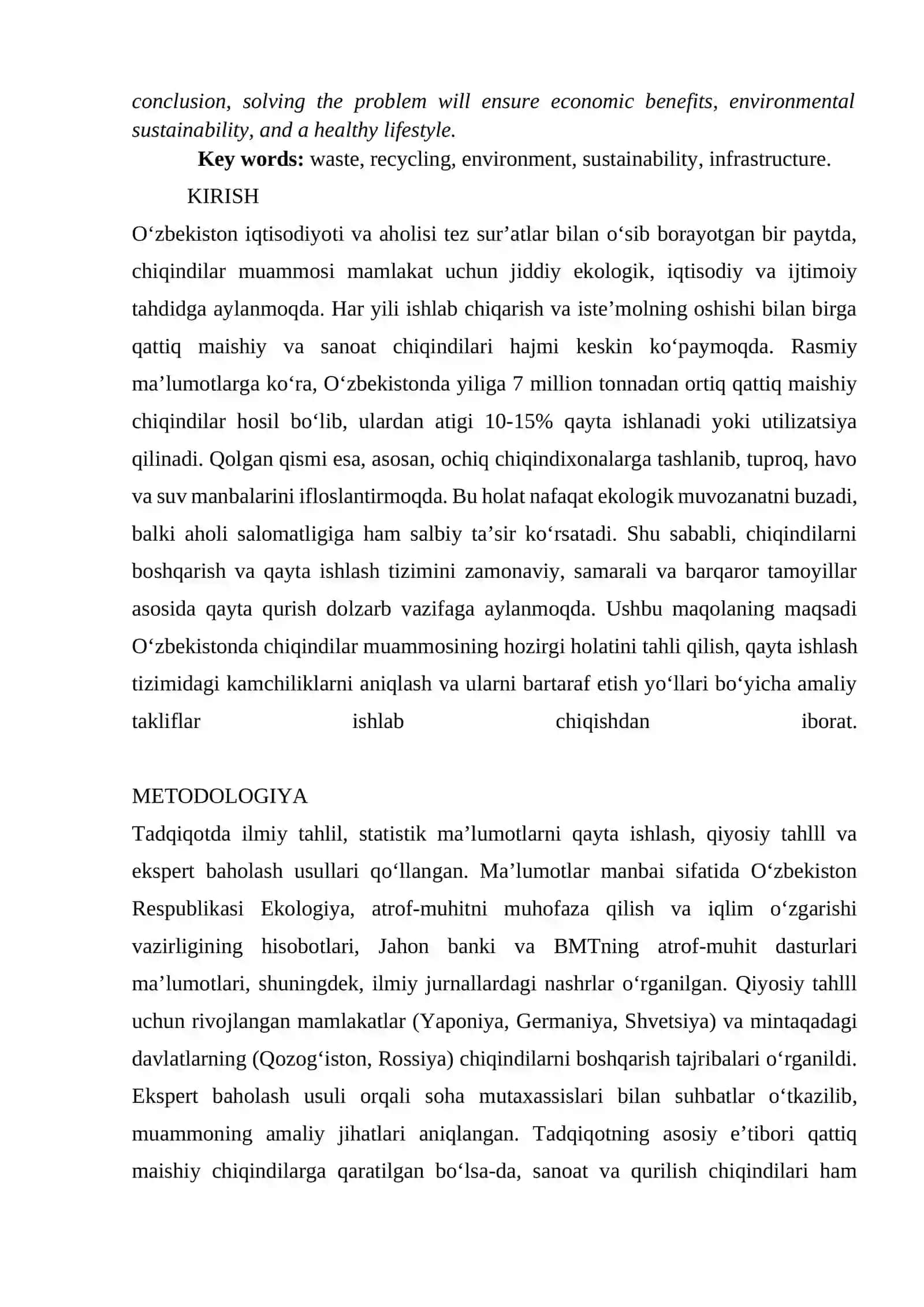 O‘ZBEKISTONDA CHIQINDILAR MUAMMOSI: QAYTA ISHLASH TIZIMINI RIVOJLANTIRISH ZARURATI 2