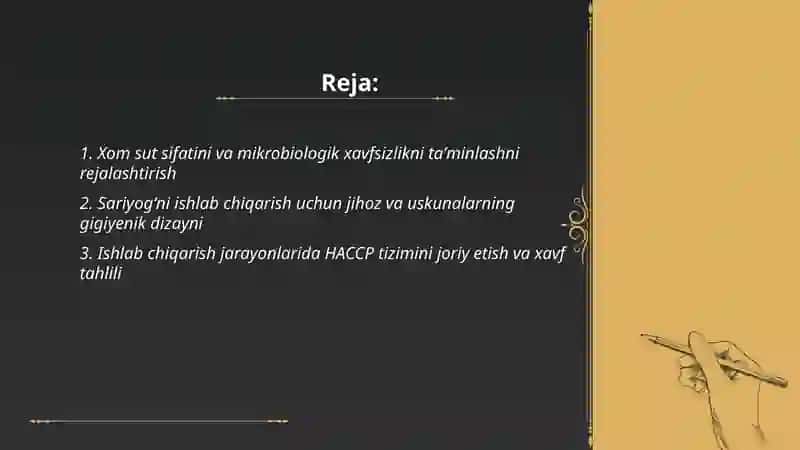 Sariyogʻni ishlab chiqarish xavfsizlik talablariga javob beruvchi texnologik jarayonlarni oldindan rejalashtirish 2